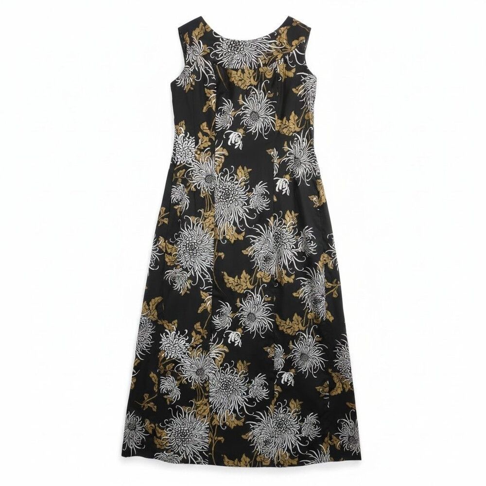 Vintage Alfred Shaheen Hawaiian Maxi Dress Silver Black Gold Floral Metallic M L